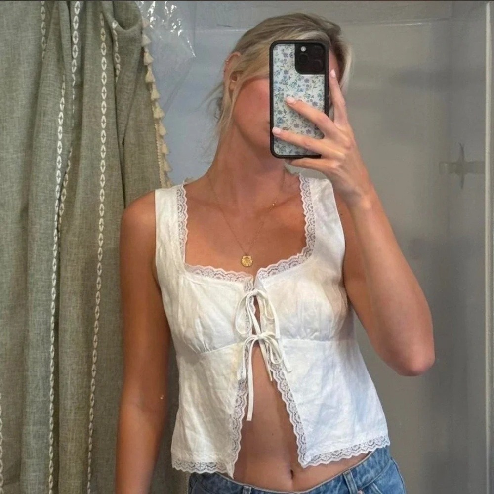 Reformation | Rosalie 100% Linen Floral Lace Tie Top in White Size 6